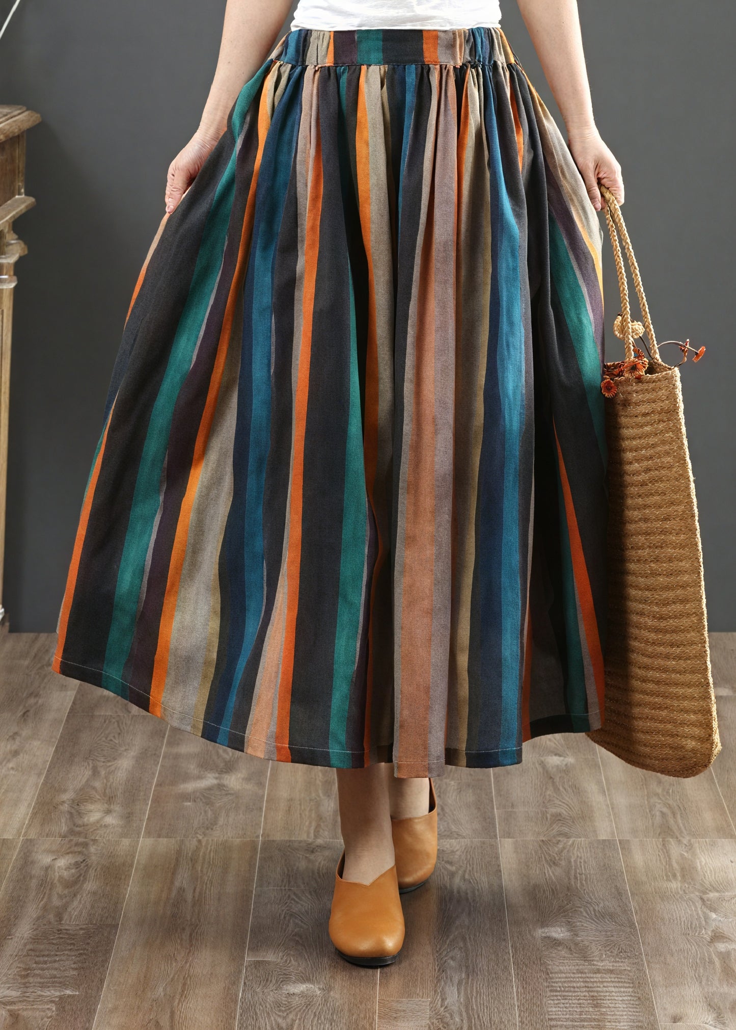Women's Knee-Length Skirt – Multicolor Vertical Striped A-Line, Bohemian Style-83099-b7a55e26-66c2-4d1a-9e2c-0558956a53eb