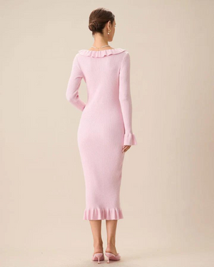 Women's Pink Ribbed Knit Midi Dress – Ruffled Neckline, Bell Sleeves-83104-70949435-1ae8-4c93-8f3b-eecbf7a4049c