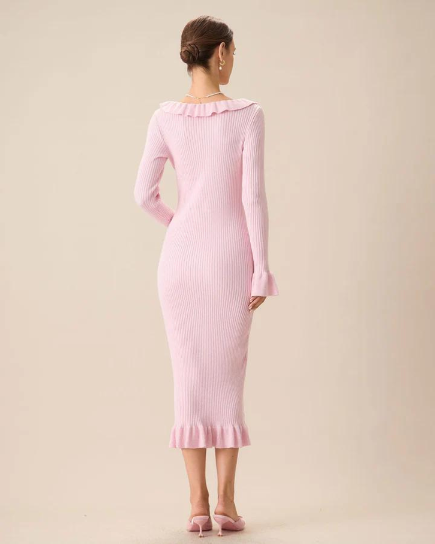 Women's Pink Ribbed Knit Midi Dress – Ruffled Neckline, Bell Sleeves-83104-70949435-1ae8-4c93-8f3b-eecbf7a4049c