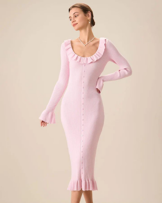 Women's Pink Ribbed Knit Midi Dress – Ruffled Neckline, Bell Sleeves-83104-4bec3192-bf35-42b0-94b1-62c39eeeaa32