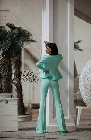 Women's Mint Green Suit Set – Structured Blazer, Flared High-Waisted Trousers-83132-b12112a2-df74-46e7-9962-3edc3d037aa0