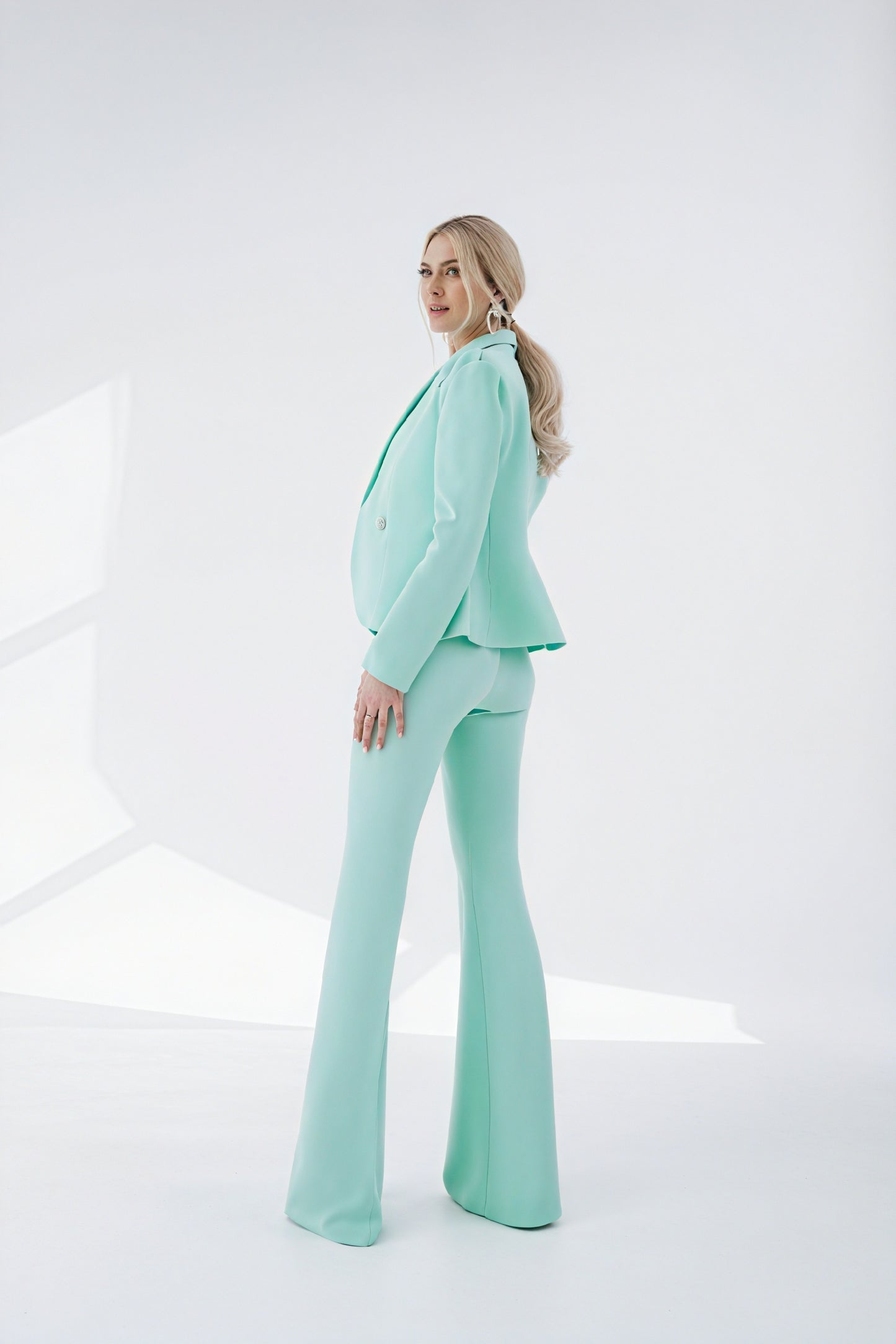 Women's Mint Green Suit Set – Structured Blazer, Flared High-Waisted Trousers-83132-5e36c4c1-74f1-44b4-9199-c6d1c824c5e3