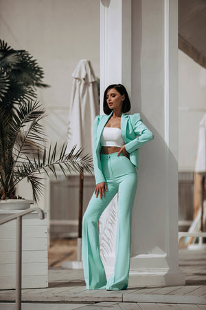 Women's Mint Green Suit Set – Structured Blazer, Flared High-Waisted Trousers-83132-5b4c4447-fc42-4d13-a84d-c419d9d35621
