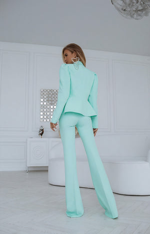 Women's Mint Green Suit Set – Structured Blazer, Flared High-Waisted Trousers-83132-a30a7cf9-c232-4265-99ca-70253bbfa853
