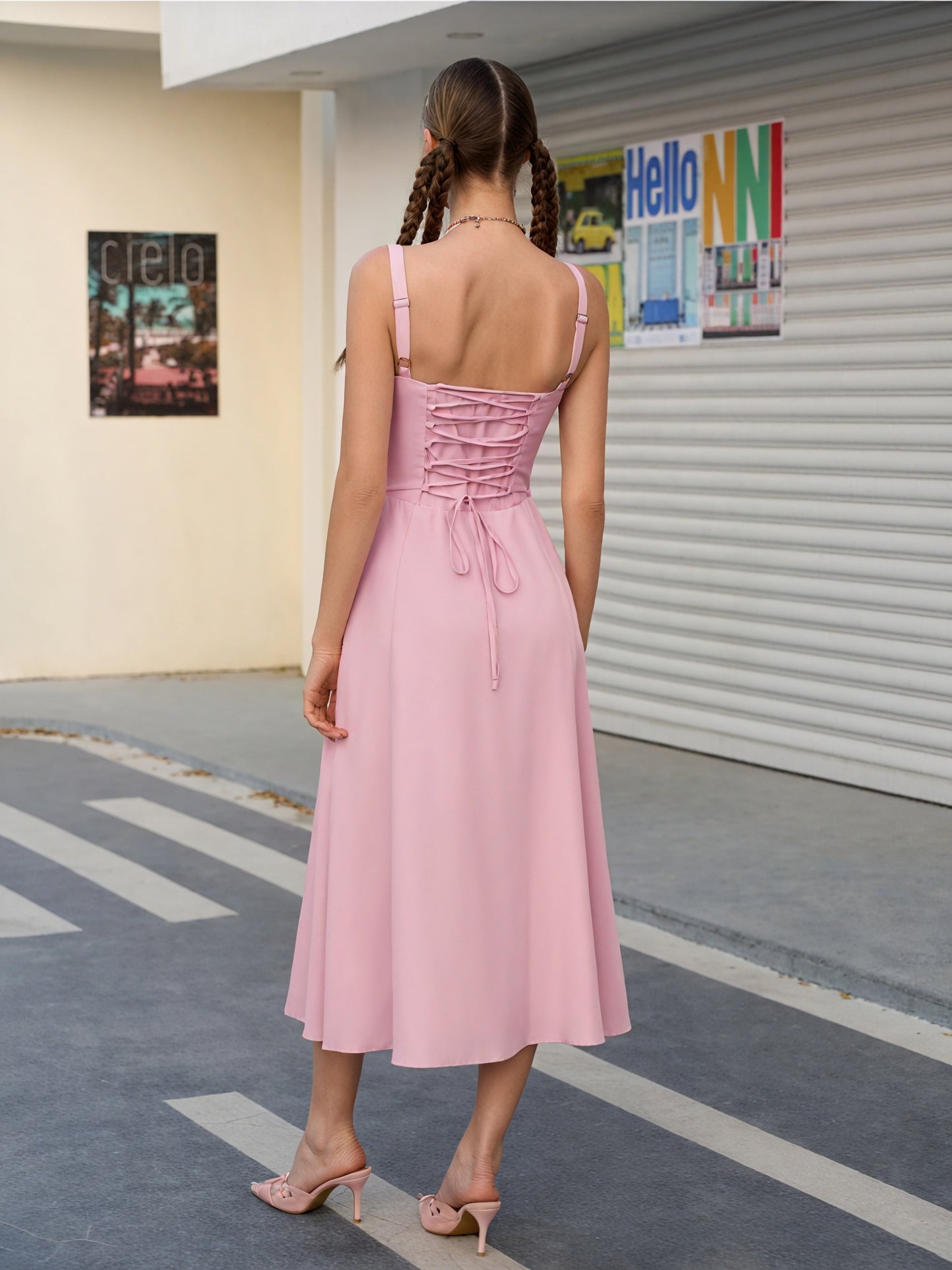 Women's White Midi Dress – Gathered Bust, High Side Slit, Spaghetti Straps, Lightweight, Resort Style-83135-a4c0c9da-403c-4198-b231-b54bf4735137