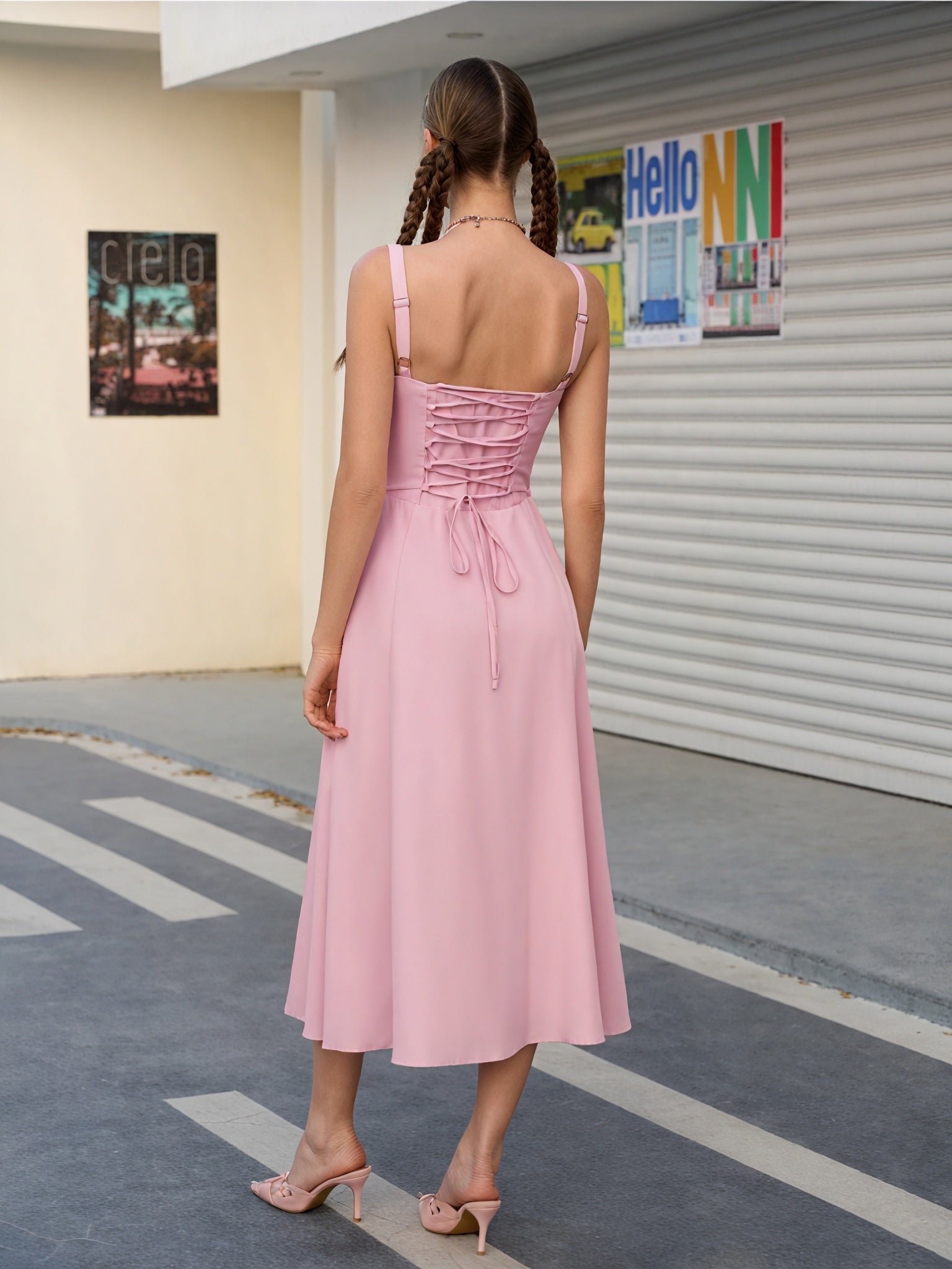 Women's White Midi Dress – Gathered Bust, High Side Slit, Spaghetti Straps, Lightweight, Resort Style-83135-a4c0c9da-403c-4198-b231-b54bf4735137