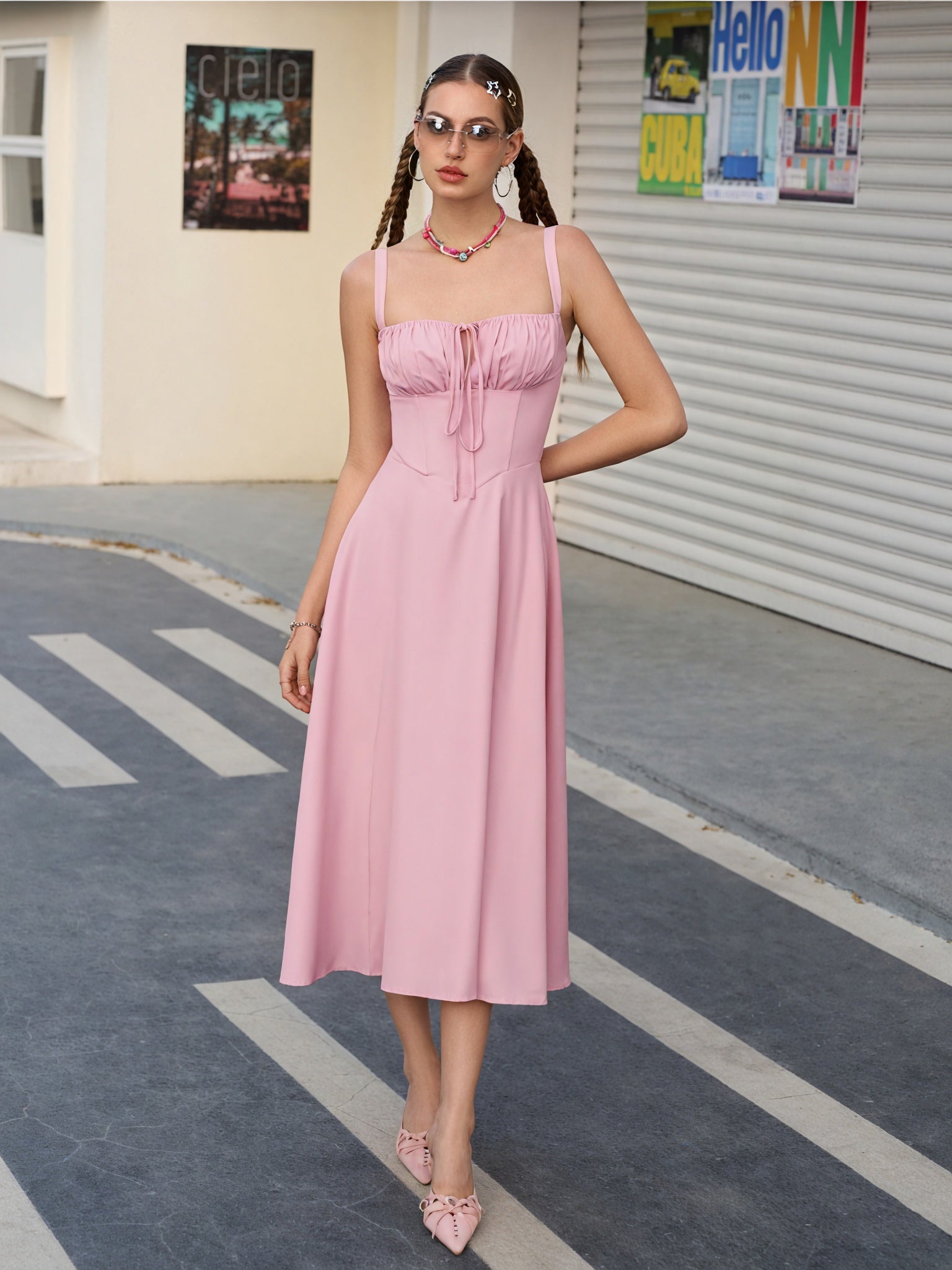 Women's White Midi Dress – Gathered Bust, High Side Slit, Spaghetti Straps, Lightweight, Resort Style-83135-49d16654-8d95-4355-9d84-0658cee12bd9