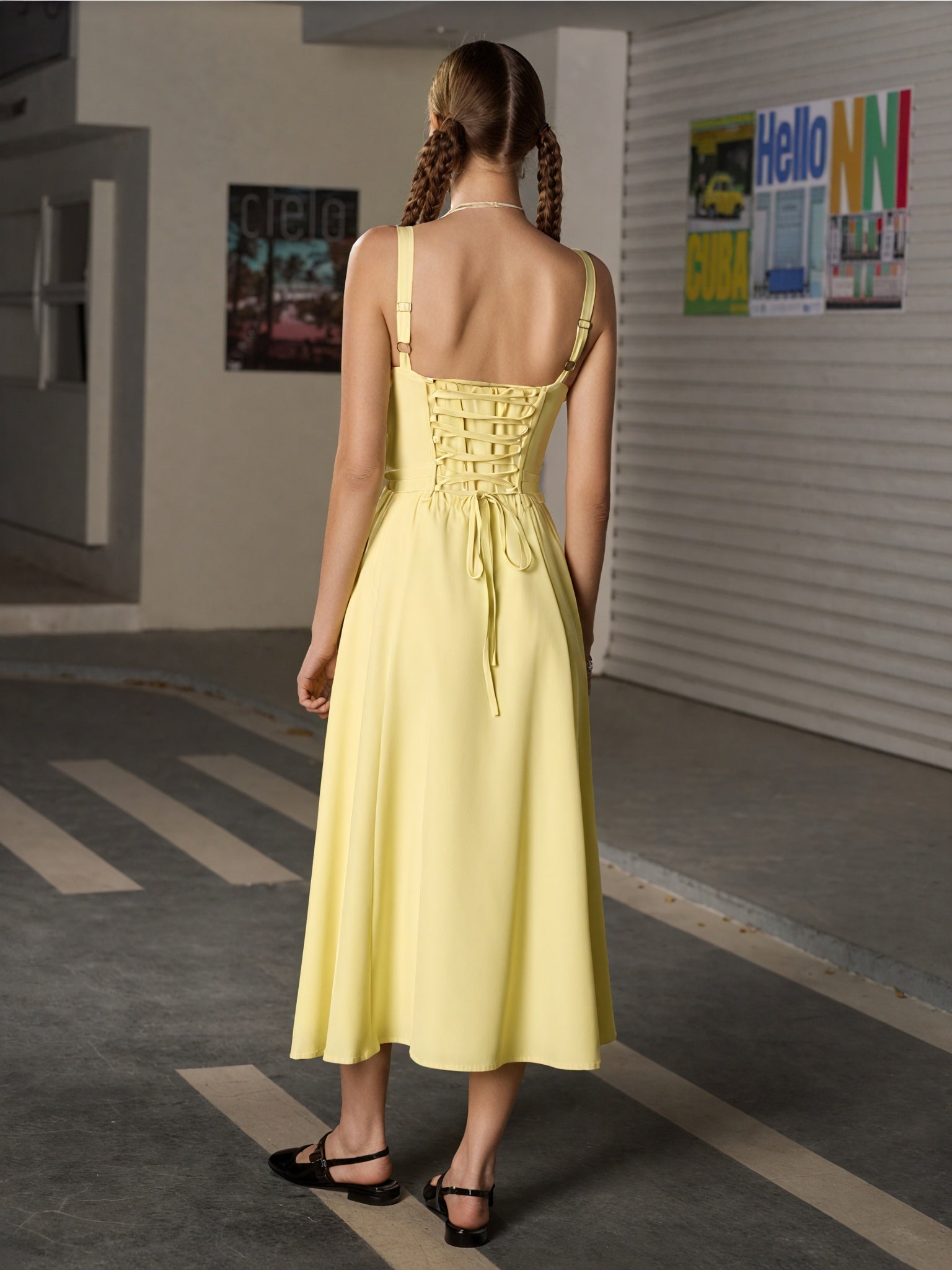 Women's White Midi Dress – Gathered Bust, High Side Slit, Spaghetti Straps, Lightweight, Resort Style-83135-e657fef0-375d-4c99-86df-625ec2c8a66a