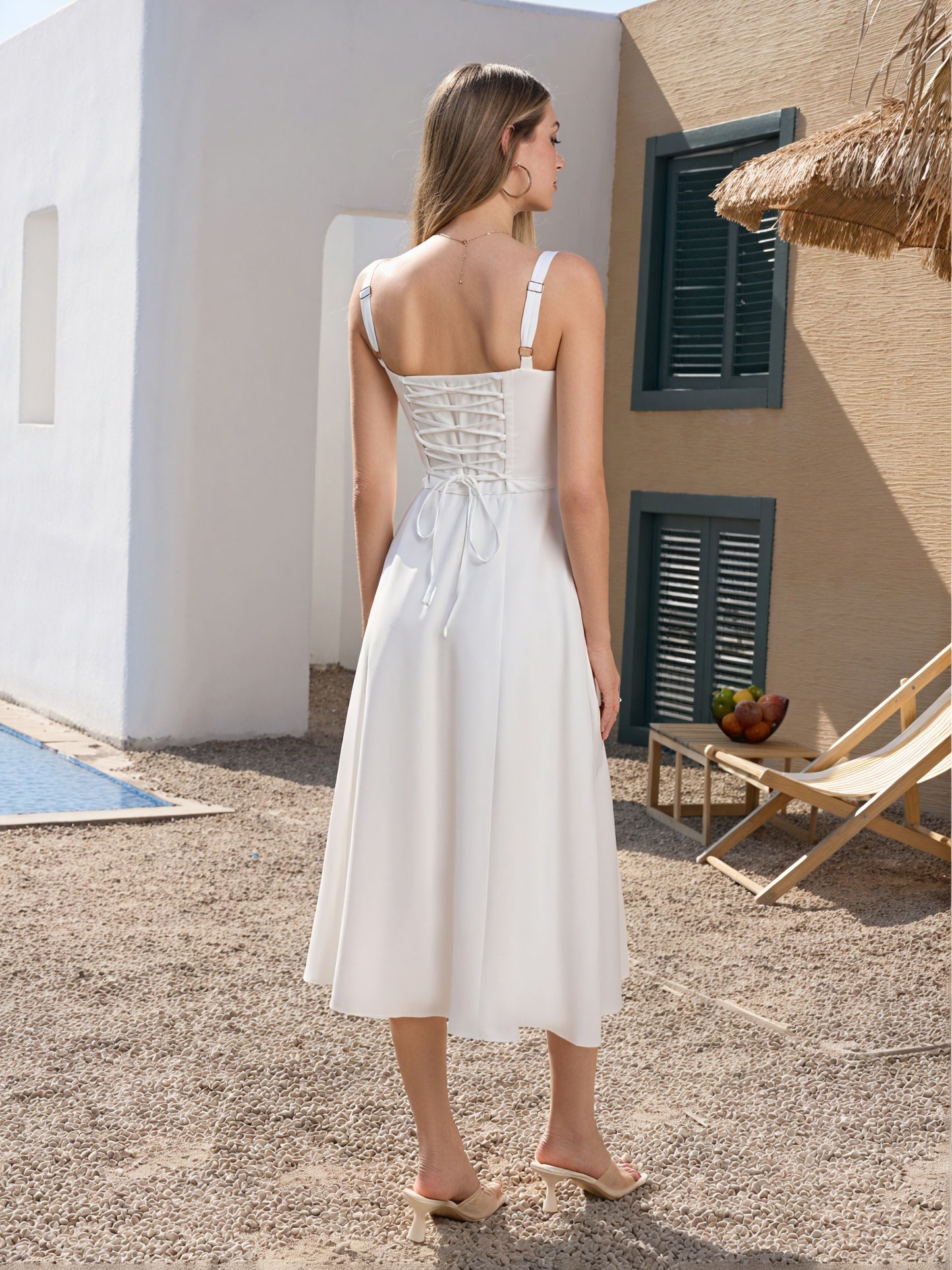 Women's White Midi Dress – Gathered Bust, High Side Slit, Spaghetti Straps, Lightweight, Resort Style-83135-940901ed-72b5-4e6b-9d51-e70f21b94efc