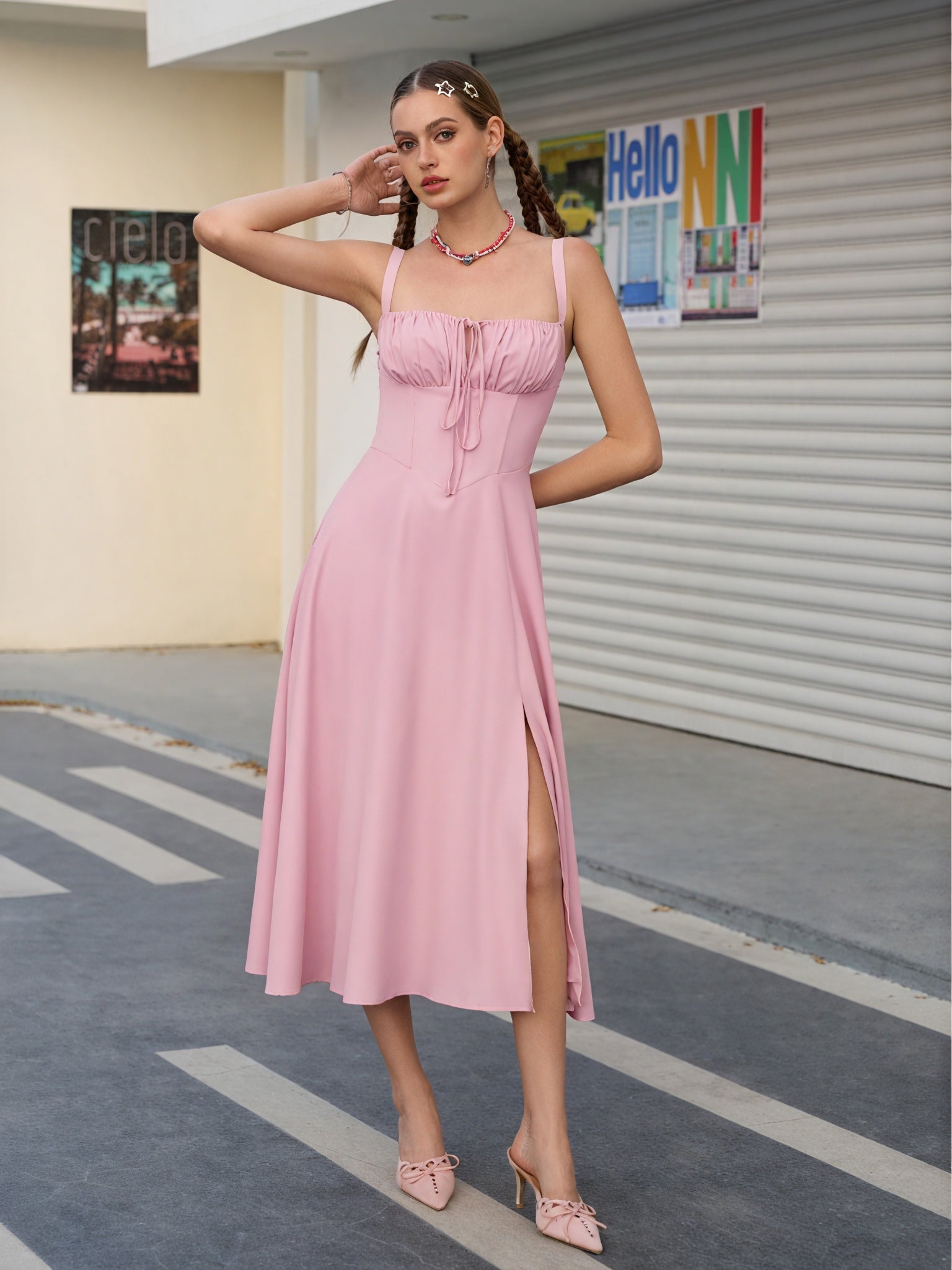 Women's White Midi Dress – Gathered Bust, High Side Slit, Spaghetti Straps, Lightweight, Resort Style-83135-e3f6bc2f-65b9-487e-a13b-1047dfe42162