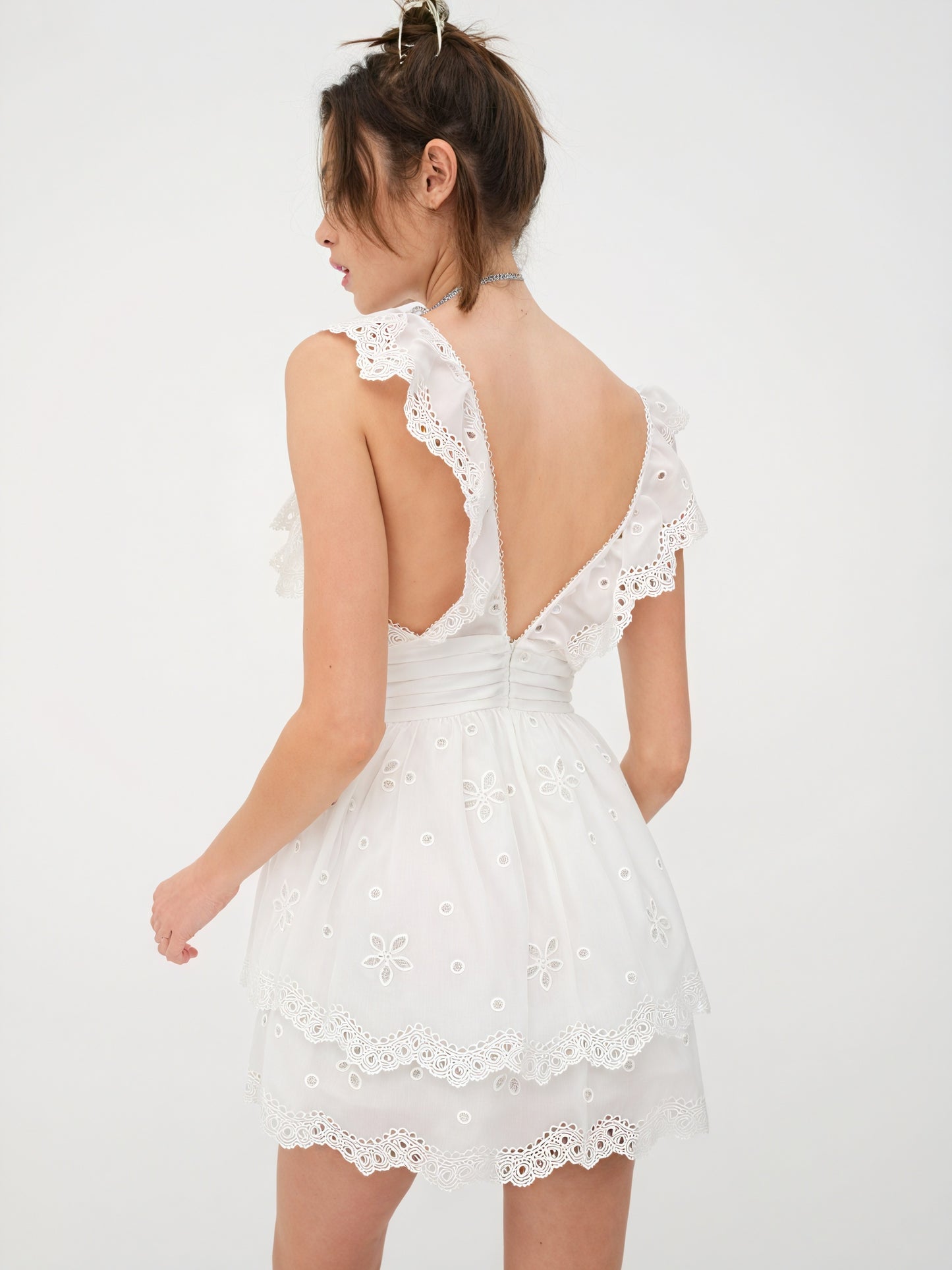 Women's White Eyelet Mini Dress – Sweetheart Neckline, Tiered Skirt, Scalloped Hem, Cotton-83136-e21f5d49-afcd-4450-a888-a5d0f9bc7045