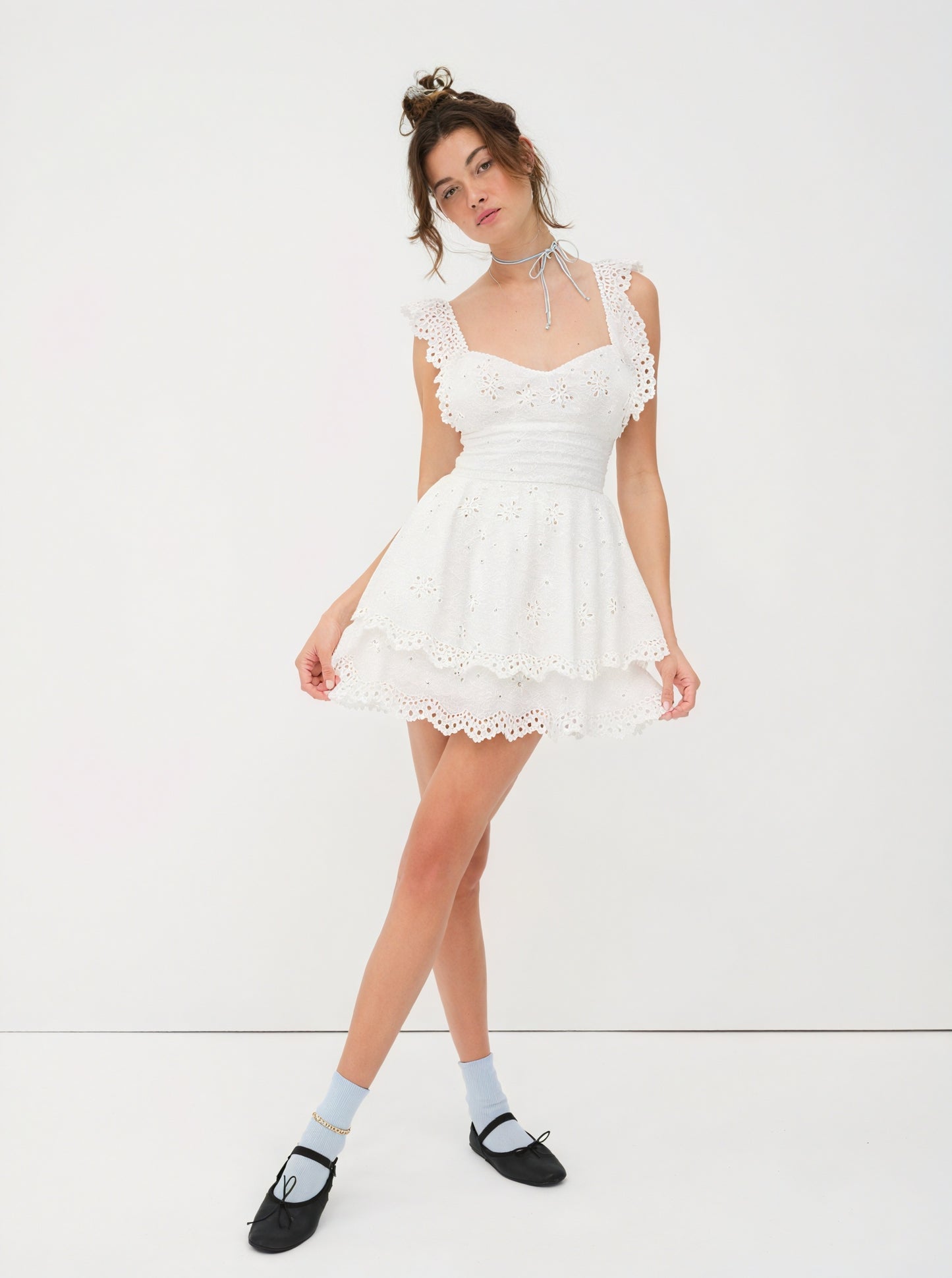 Women's White Eyelet Mini Dress – Sweetheart Neckline, Tiered Skirt, Scalloped Hem, Cotton-83136-59b8030f-7c71-4210-a827-3b7ec96ba2a0
