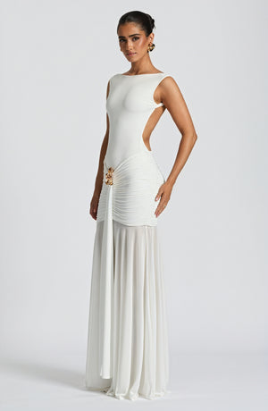 Women's White Chiffon Gown – Boat Neck, Sheer Skirt Overlay, Sleeveless, Elegant-83139-4066fe97-b898-4c77-9499-2f9c4fa5b9c9