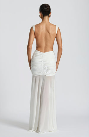 Women's White Chiffon Gown – Boat Neck, Sheer Skirt Overlay, Sleeveless, Elegant-83139-39fd54a4-6773-42eb-bba4-cb8ede1e15f7