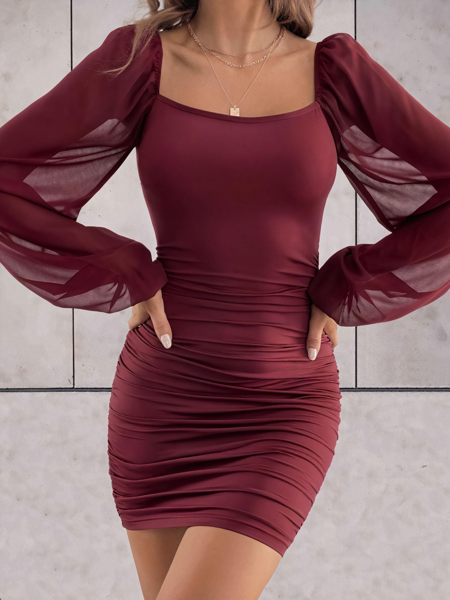 Women's Bodycon Mini Dress – Ruched Sheer Sleeves, Square Neckline, Polyester Spandex-83161-3590f926-53c9-4534-aef4-ccf470c3b447