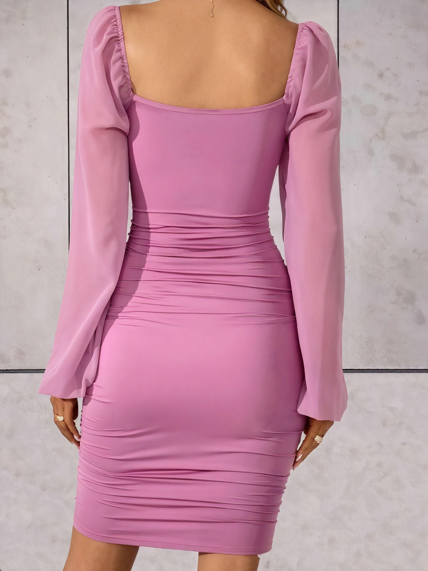 Women's Bodycon Mini Dress – Ruched Sheer Sleeves, Square Neckline, Polyester Spandex-83161-69cece7a-3f8d-4d3c-8caf-7543d850bfdc
