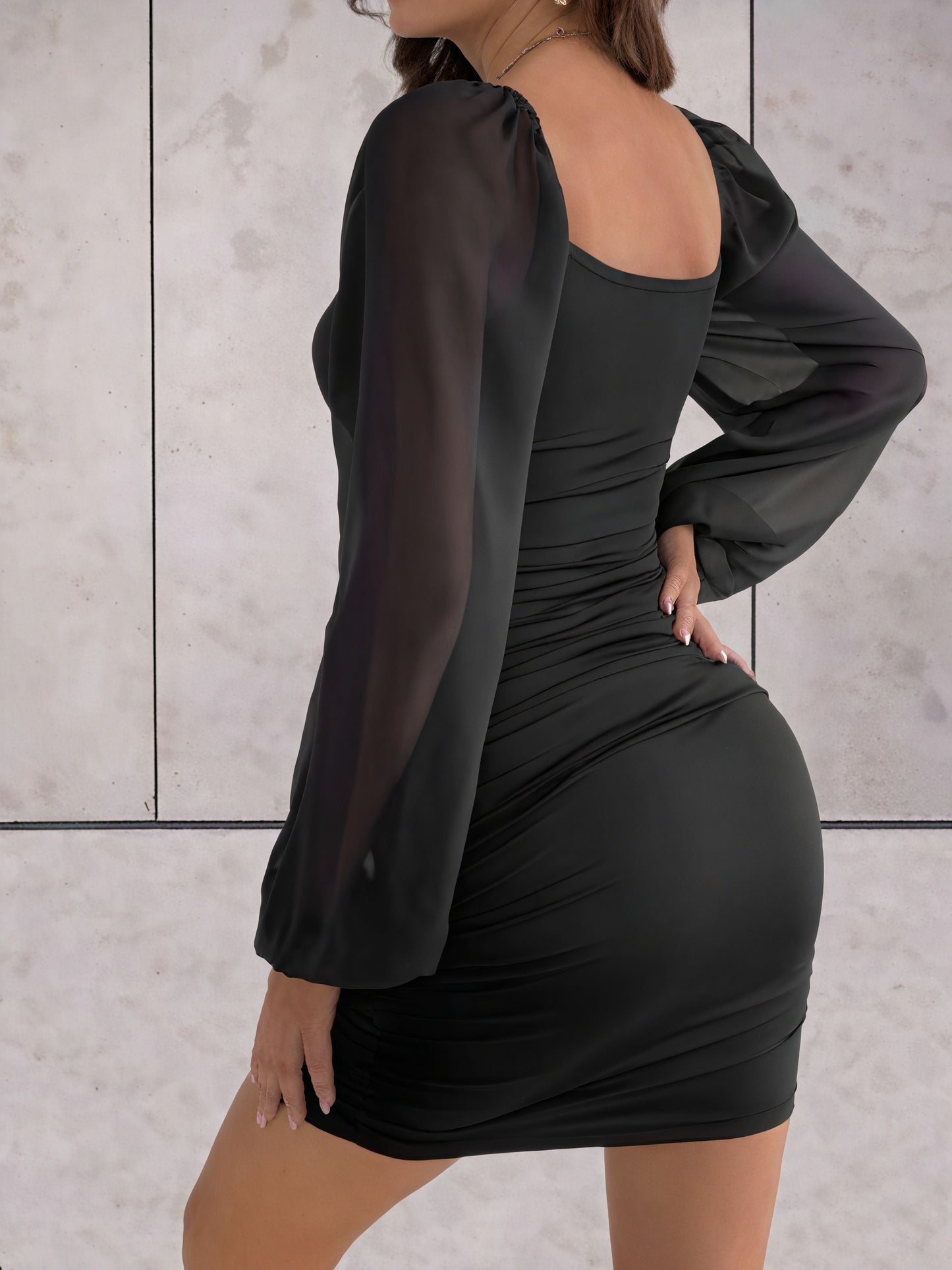 Women's Bodycon Mini Dress – Ruched Sheer Sleeves, Square Neckline, Polyester Spandex-83161-9b37bf2a-b0e7-4ddb-8b9e-b900c7d103c4