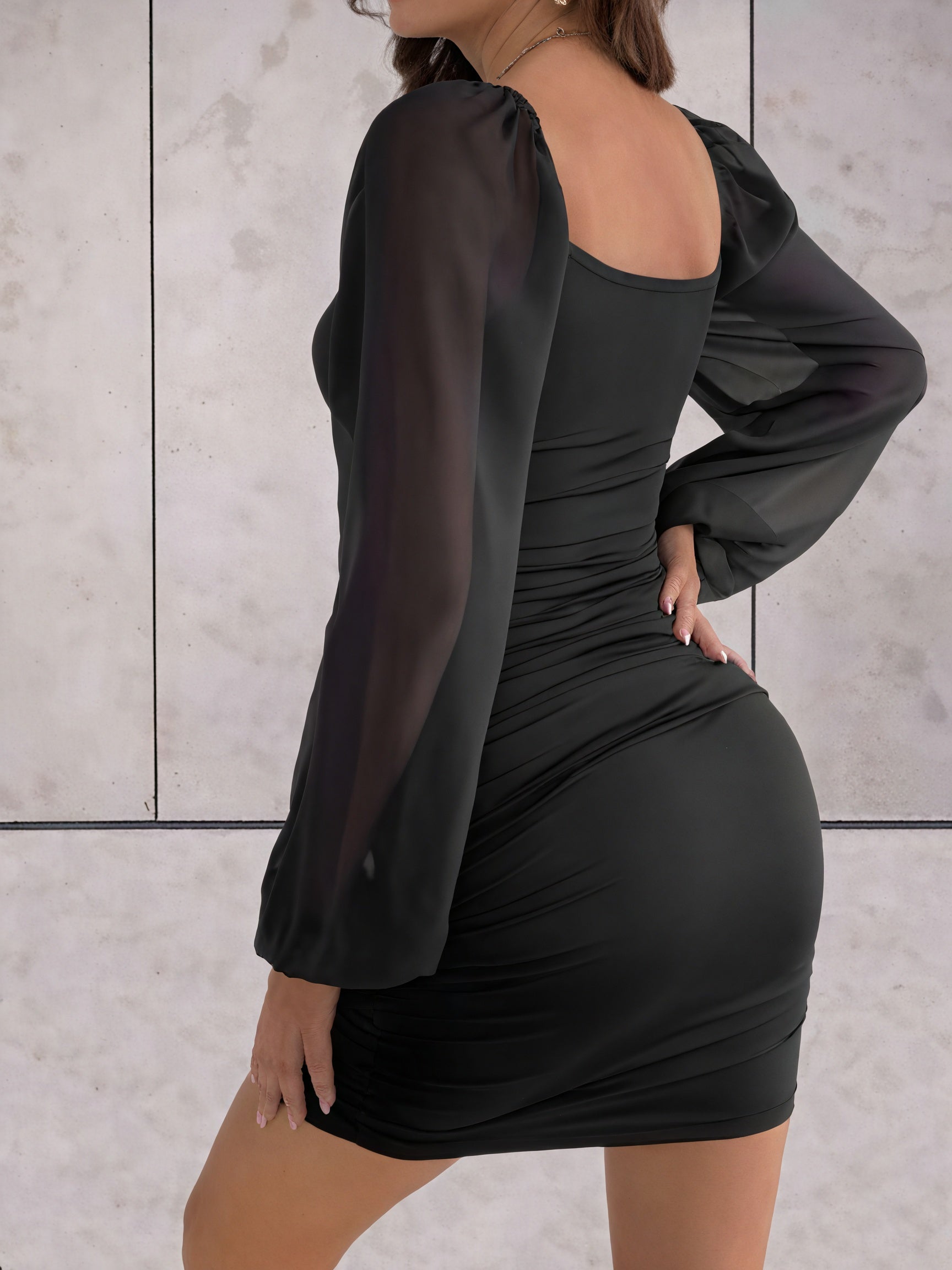 Women's Bodycon Mini Dress – Ruched Sheer Sleeves, Square Neckline, Polyester Spandex-83161-9b37bf2a-b0e7-4ddb-8b9e-b900c7d103c4