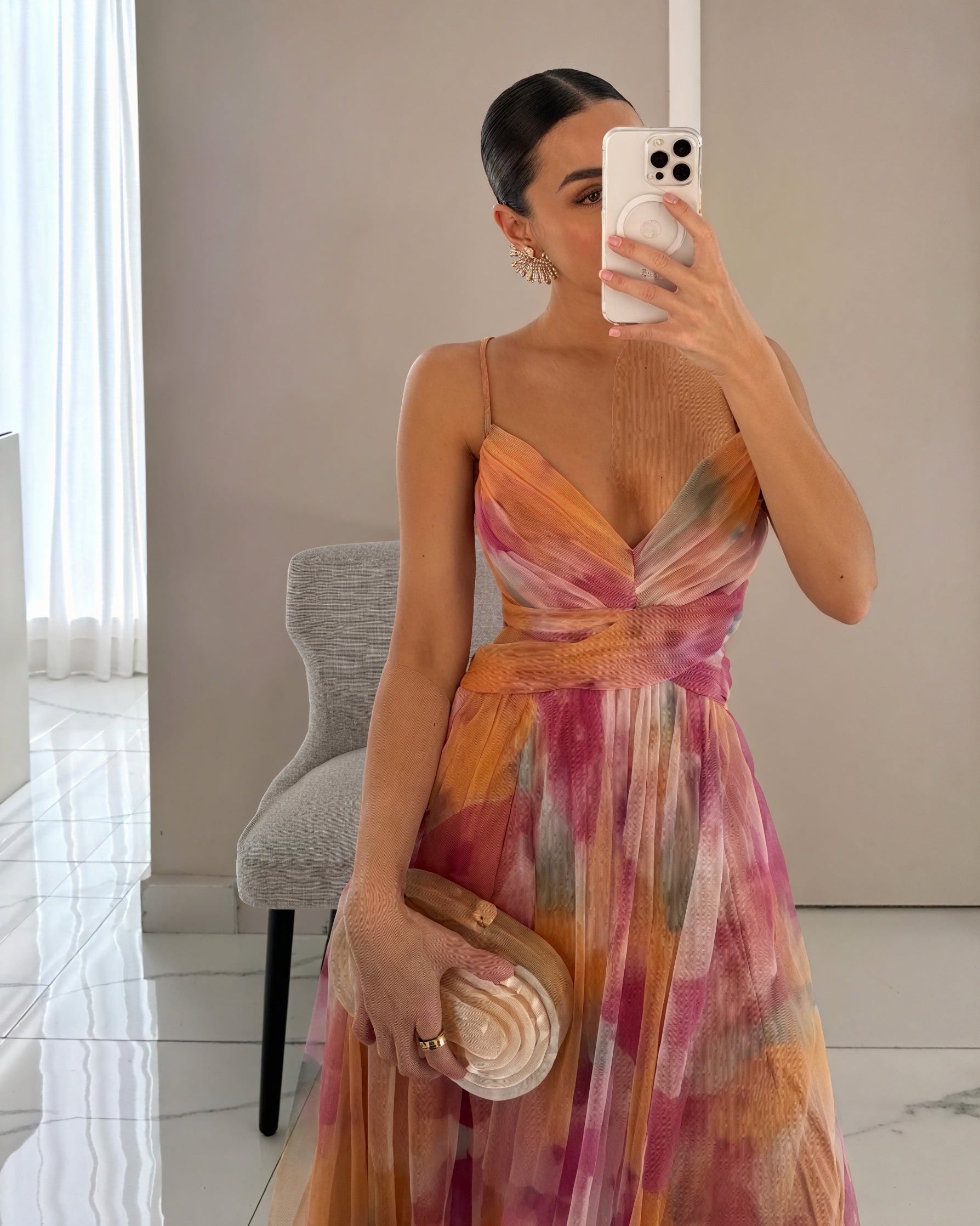 Women's Chiffon Maxi Dress – Watercolor Print, Floor-Length, Elegant-83162-7aa76f99-0a3f-485c-8f7a-cdbf45cd2325