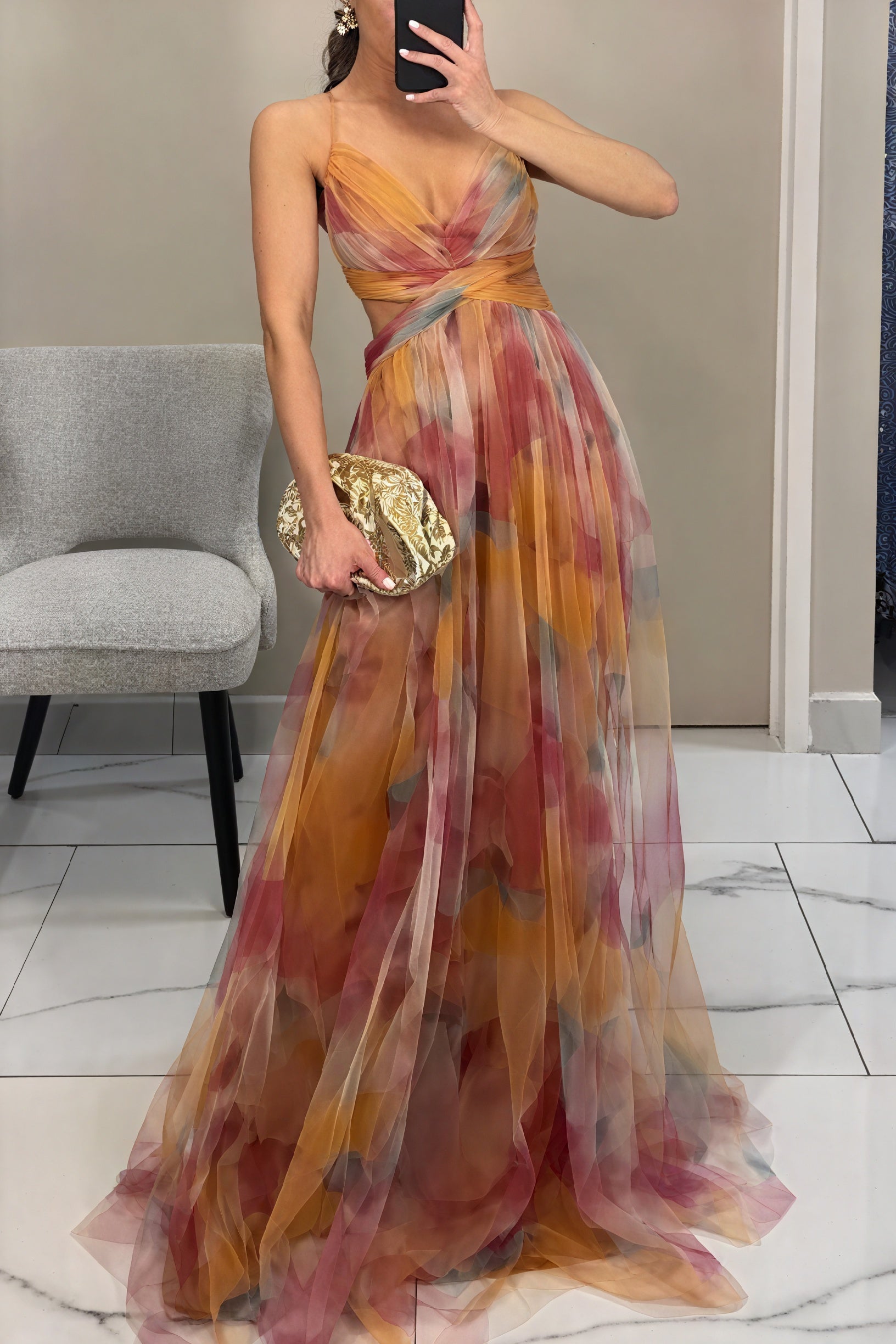 Women's Chiffon Maxi Dress – Watercolor Print, Floor-Length, Elegant-83162-12179d2d-cfc6-4967-b14f-18404abbb6af