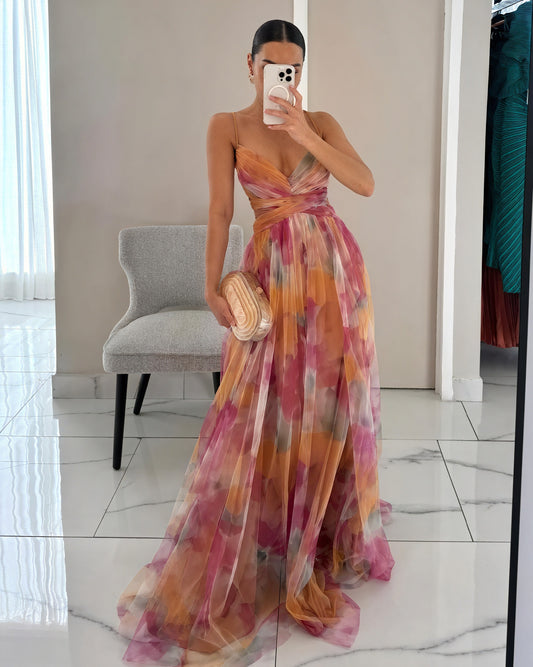 Women's Chiffon Maxi Dress – Watercolor Print, Floor-Length, Elegant-83162-af0f3ddb-a241-4615-a272-0378ac4f1617