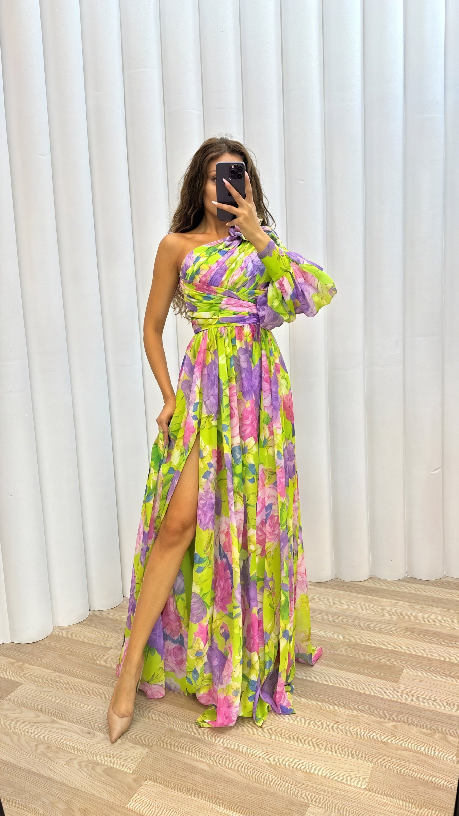 Women's Floral One-Shoulder Maxi Dress, Voluminous Sleeve, High Slit-83163-749120db-2050-45cf-b144-10596ffd384e