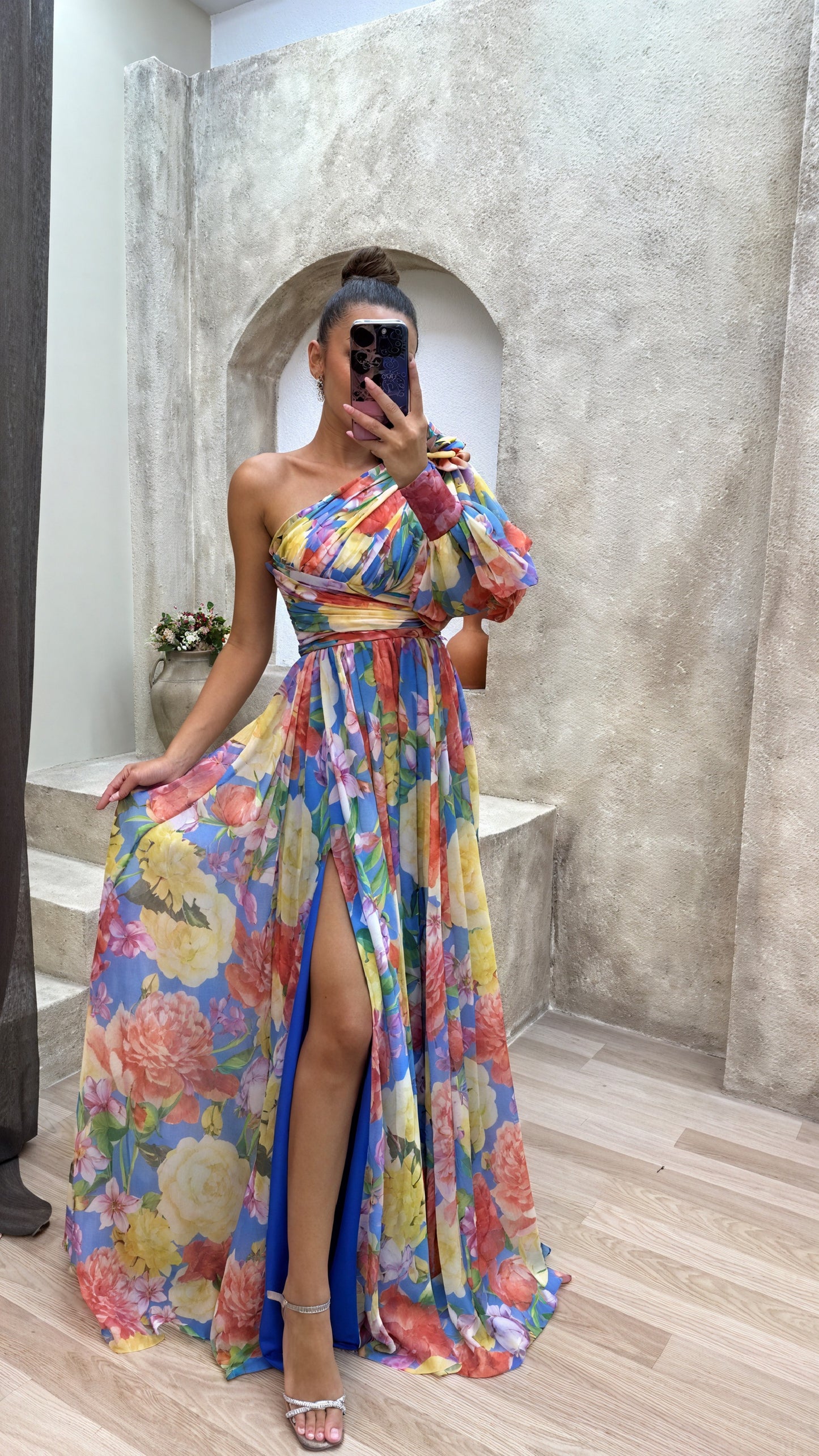 Women's Floral One-Shoulder Maxi Dress, Voluminous Sleeve, High Slit-83163-37d5b9a2-6f95-4fdb-9a0a-97e0ace68f1e