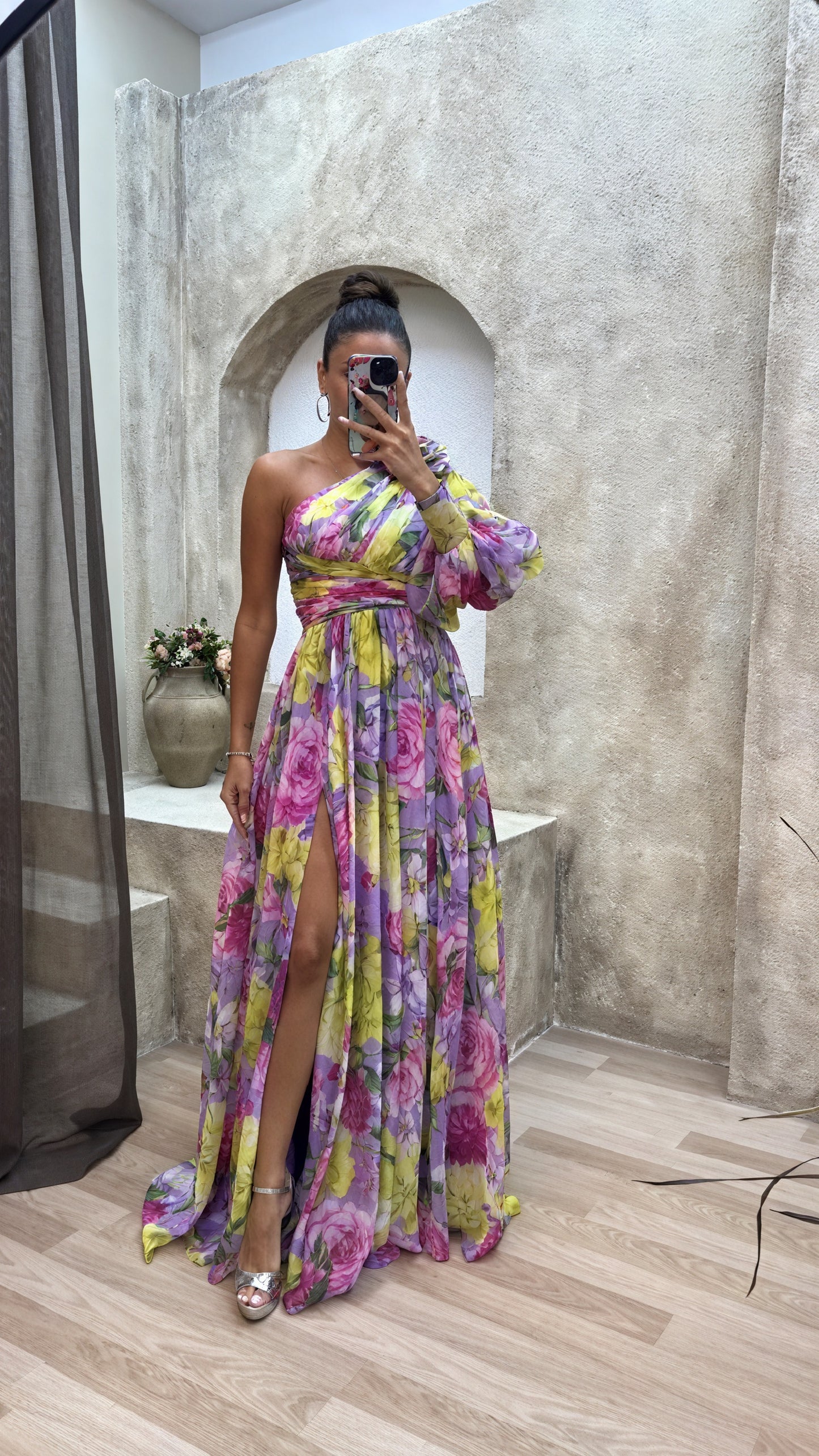 Women's Floral One-Shoulder Maxi Dress, Voluminous Sleeve, High Slit-83163-5c5f8f1a-47a4-4984-8f18-586964c14e45