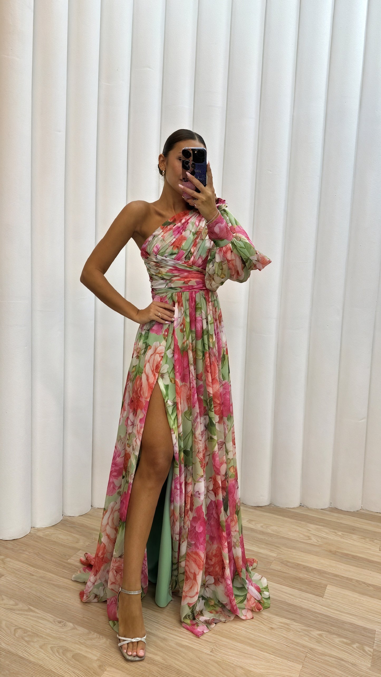 Women's Floral One-Shoulder Maxi Dress, Voluminous Sleeve, High Slit-83163-4b77f7ad-a4c7-45ab-a388-968ac534e4b3