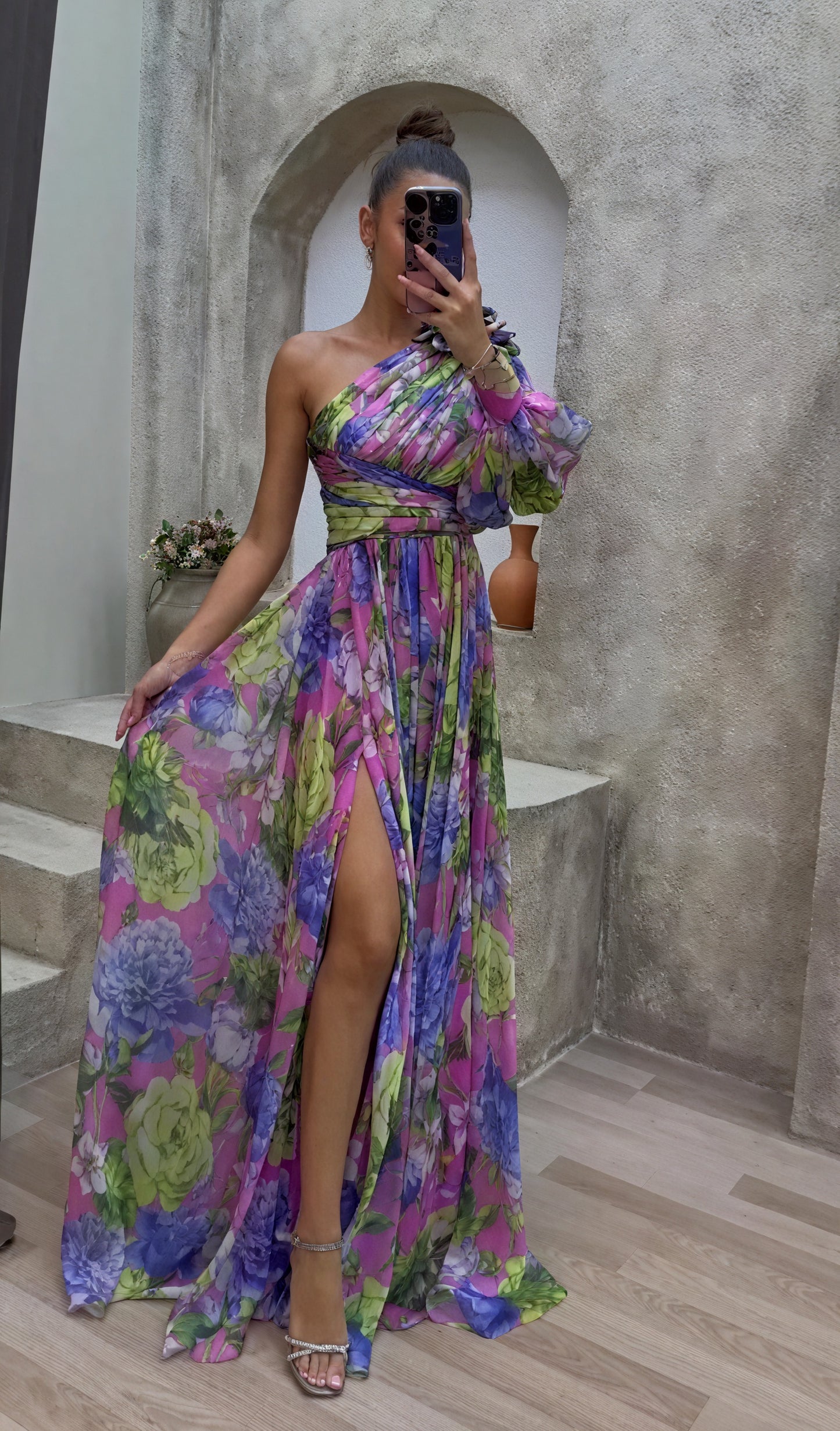 Women's Floral One-Shoulder Maxi Dress, Voluminous Sleeve, High Slit-83163-c2c7365b-9e63-4fb5-80ad-92c58cb9c921