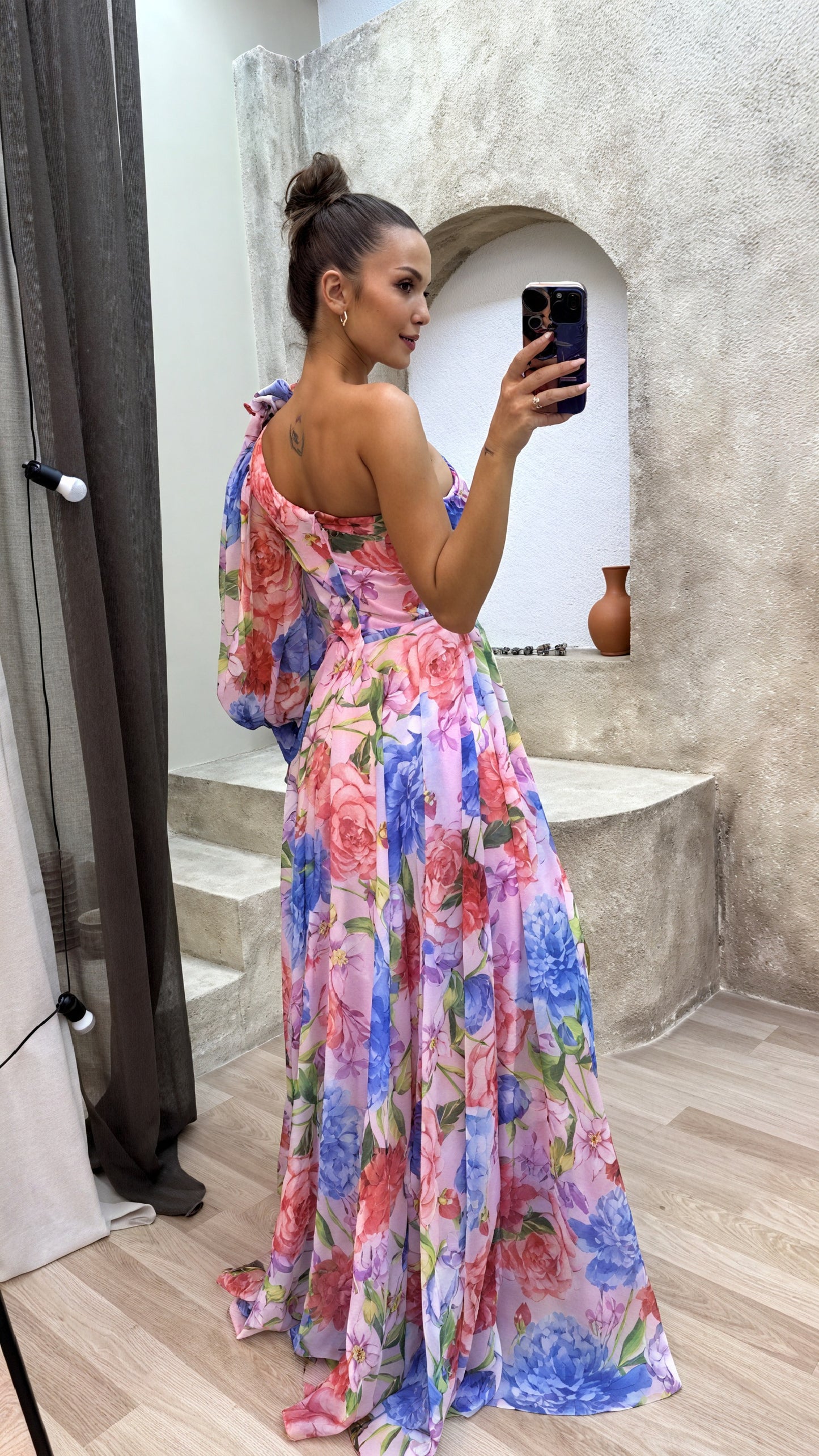 Women's Floral One-Shoulder Maxi Dress, Voluminous Sleeve, High Slit-83163-2419ad4b-1ab2-49de-bbdb-7343785bd97f