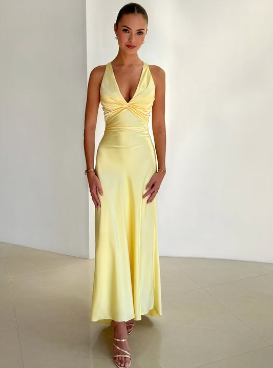 Women's Silk Halter Neck Maxi Dress – Pale Yellow, Open Back, Bow Detail, Elegant-83164-22e19fcd-1a22-4041-95e4-b2b7fea840fe