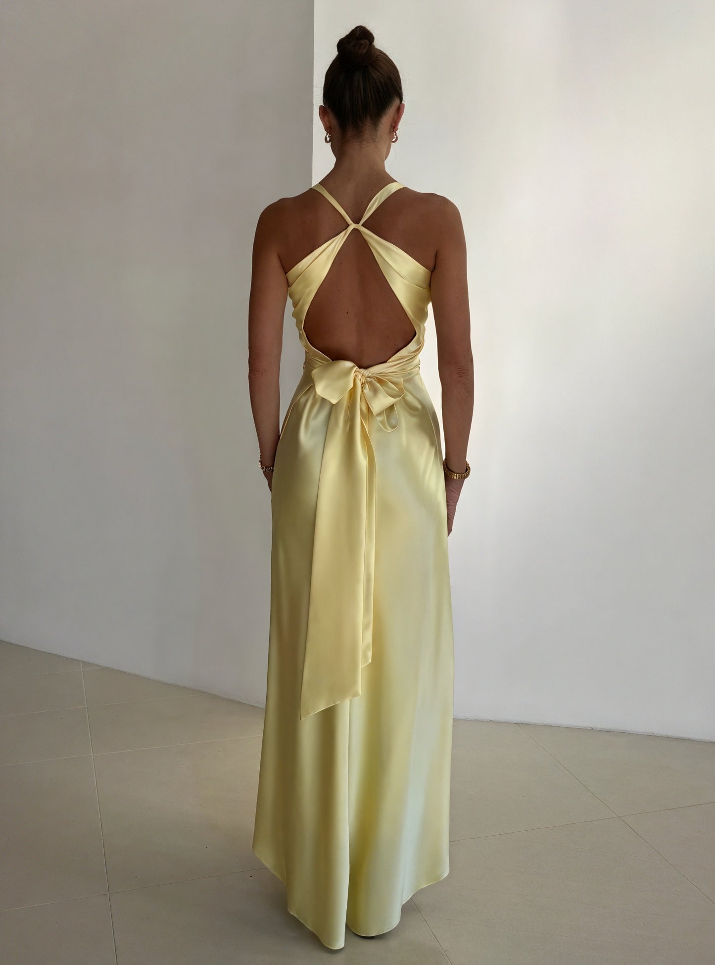 Women's Silk Halter Neck Maxi Dress – Pale Yellow, Open Back, Bow Detail, Elegant-83164-4ccd2805-cba3-4102-b404-014451c05d58