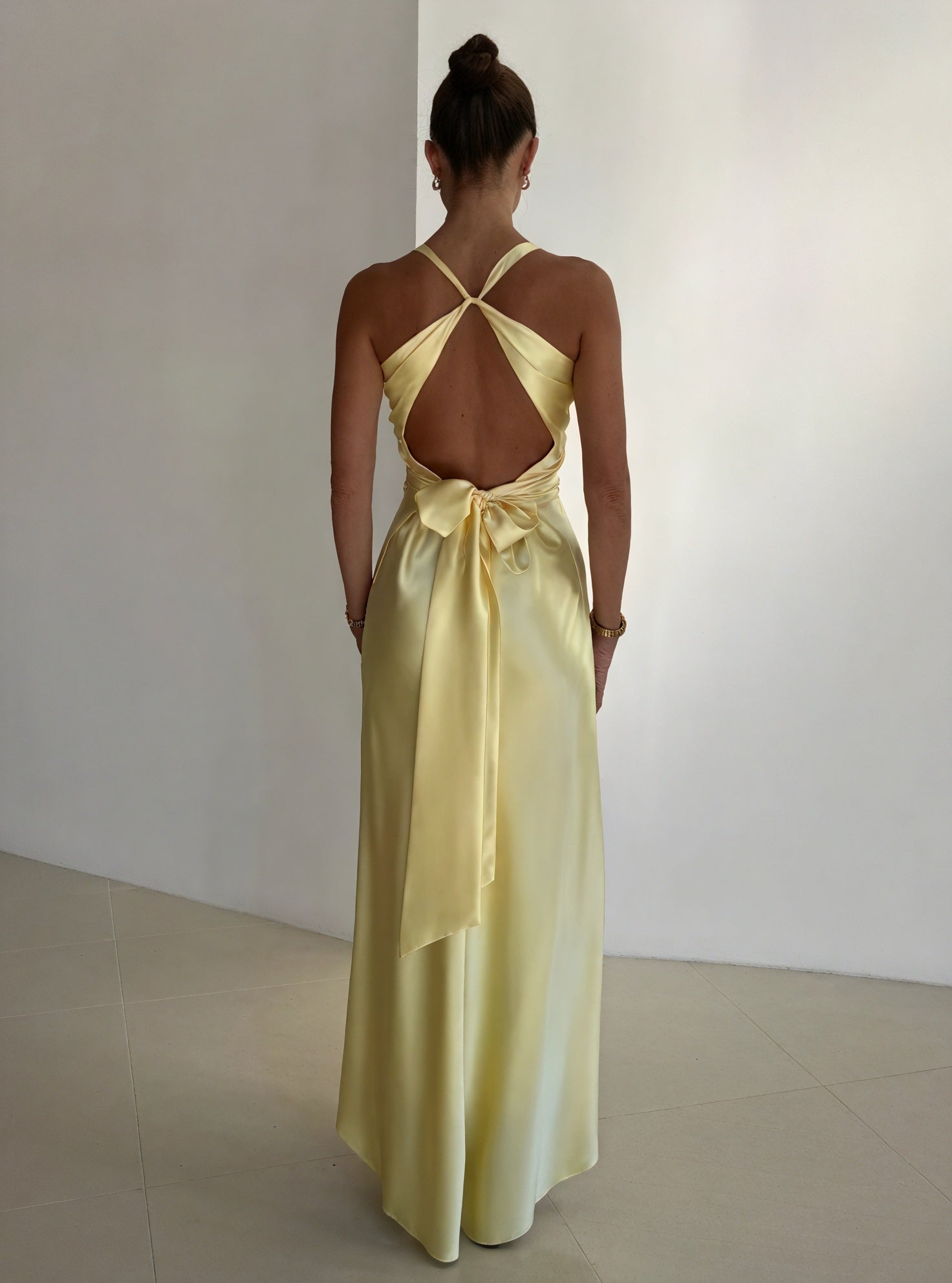 Women's Silk Halter Neck Maxi Dress – Pale Yellow, Open Back, Bow Detail, Elegant-83164-4ccd2805-cba3-4102-b404-014451c05d58