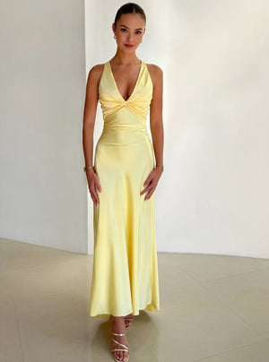 Women's Silk Halter Neck Maxi Dress – Pale Yellow, Open Back, Bow Detail, Elegant-83164-e7fbf020-8c21-4c5a-9db0-f6044108f6d9