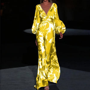 Women's Floral Maxi Dress – Plunging V-Neck, Voluminous Sleeves, Satin-83168-b25ff035-ea85-459a-977d-8fa243025de2