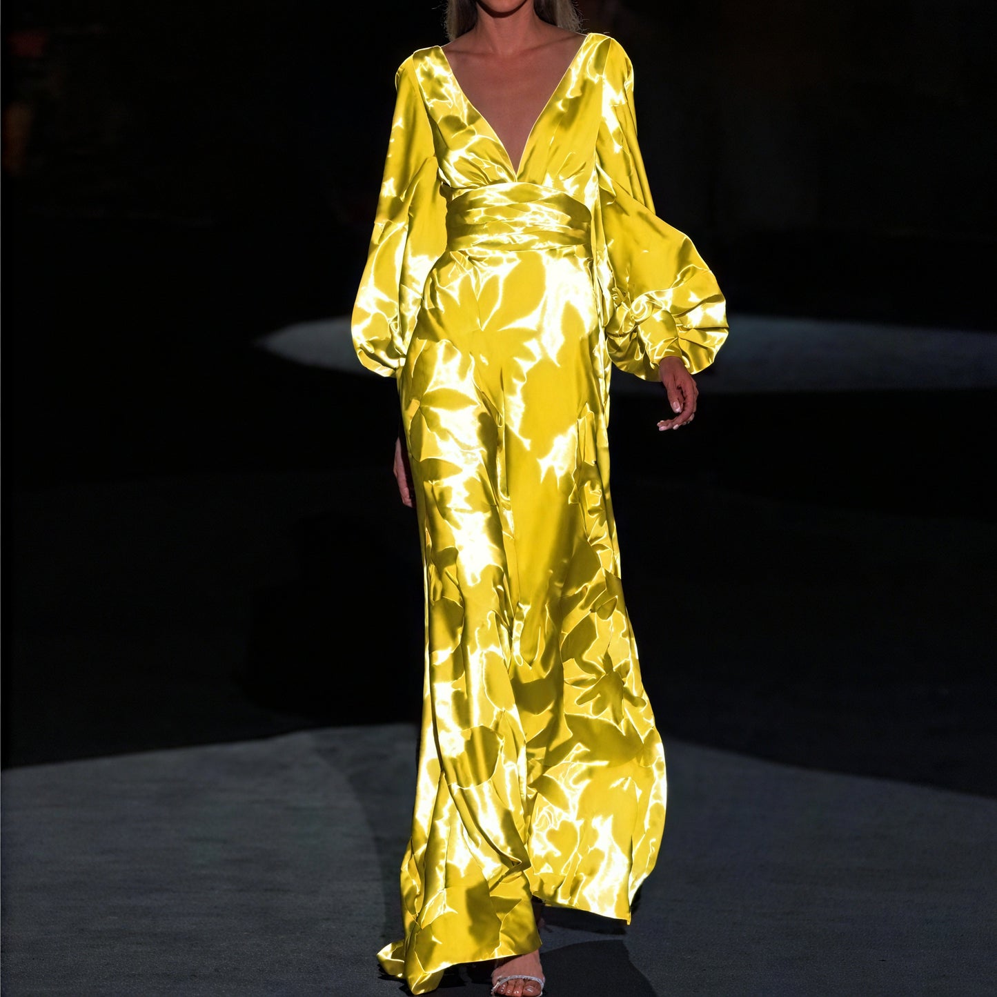 Women's Floral Maxi Dress – Plunging V-Neck, Voluminous Sleeves, Satin-83168-b25ff035-ea85-459a-977d-8fa243025de2