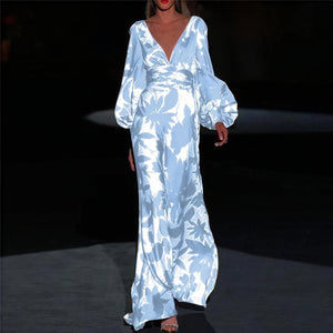 Women's Floral Maxi Dress – Plunging V-Neck, Voluminous Sleeves, Satin-83168-271be96b-85ca-4256-8789-ba44526c83d5