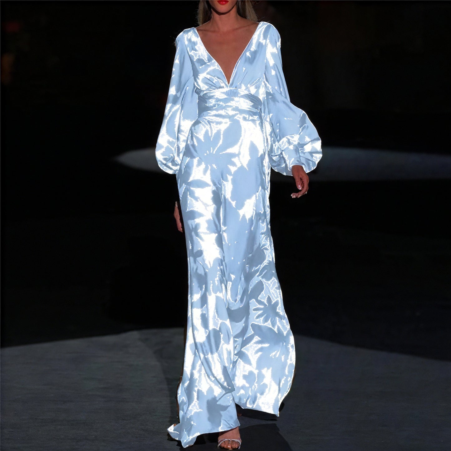 Women's Floral Maxi Dress – Plunging V-Neck, Voluminous Sleeves, Satin-83168-271be96b-85ca-4256-8789-ba44526c83d5