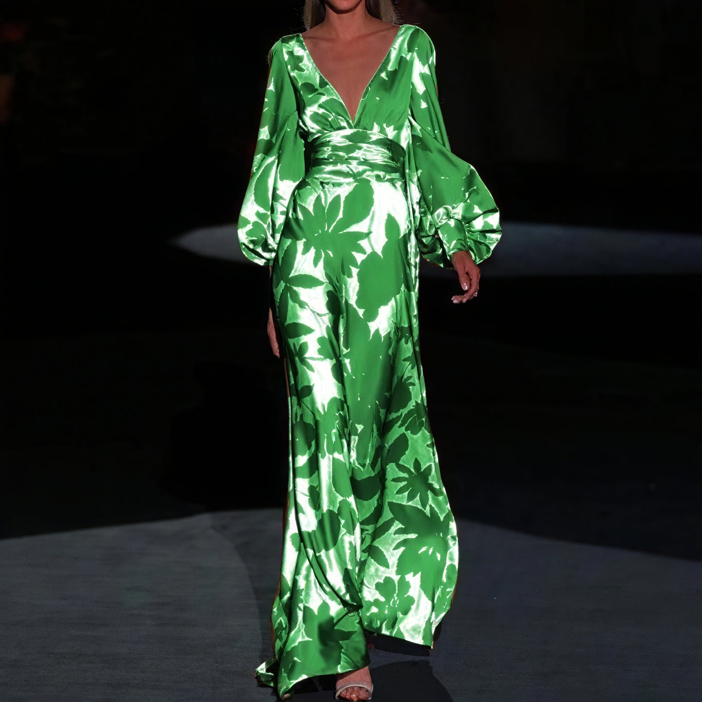 Women's Floral Maxi Dress – Plunging V-Neck, Voluminous Sleeves, Satin-83168-b317323b-b206-4c31-9310-db73616f25f6