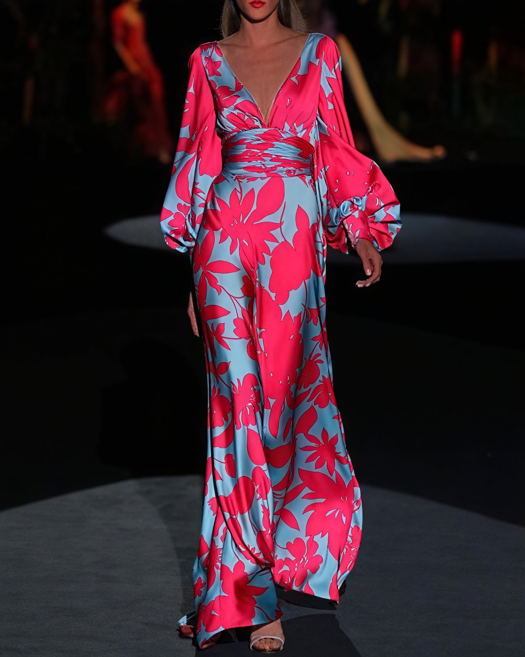 Women's Floral Maxi Dress – Plunging V-Neck, Voluminous Sleeves, Satin-83168-89bcb777-f265-4bd7-9ee9-1b497d6c03a6
