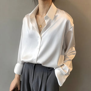 Women's Silk Blend Button-Down Blouse – Collared, Relaxed Fit, Long Cuffs, Green/Black/Gray/White-83169-c728369e-1137-44c6-be82-adeba3dc31b7