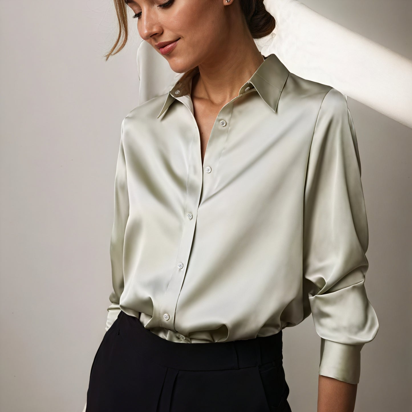 Women's Silk Blend Button-Down Blouse – Collared, Relaxed Fit, Long Cuffs, Green/Black/Gray/White-83169-e144f23b-a2ca-4bd9-839c-794a72ac317a