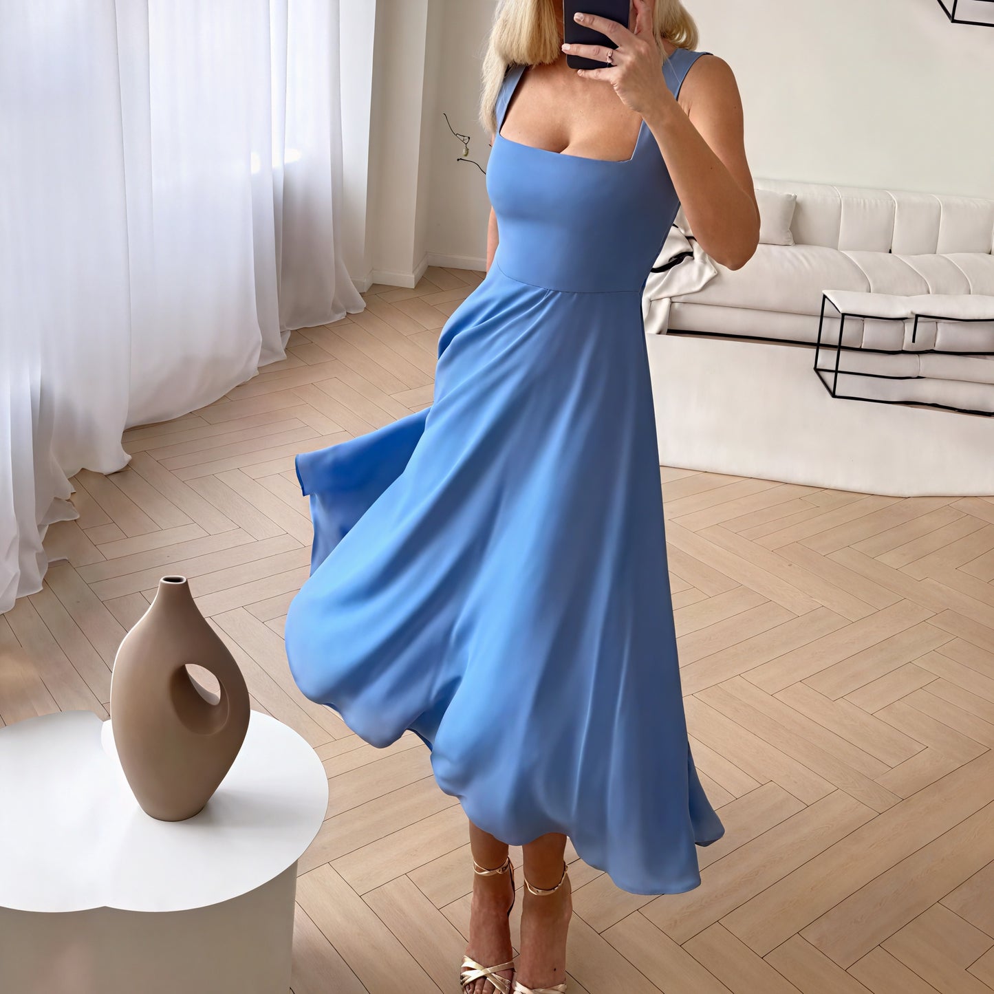 Women's Midi Dress – Square Neckline, A-Line, Sleeveless, Elegant Black/White/Blue-83171-4a22da73-262c-4c51-b145-9e1ca956f400
