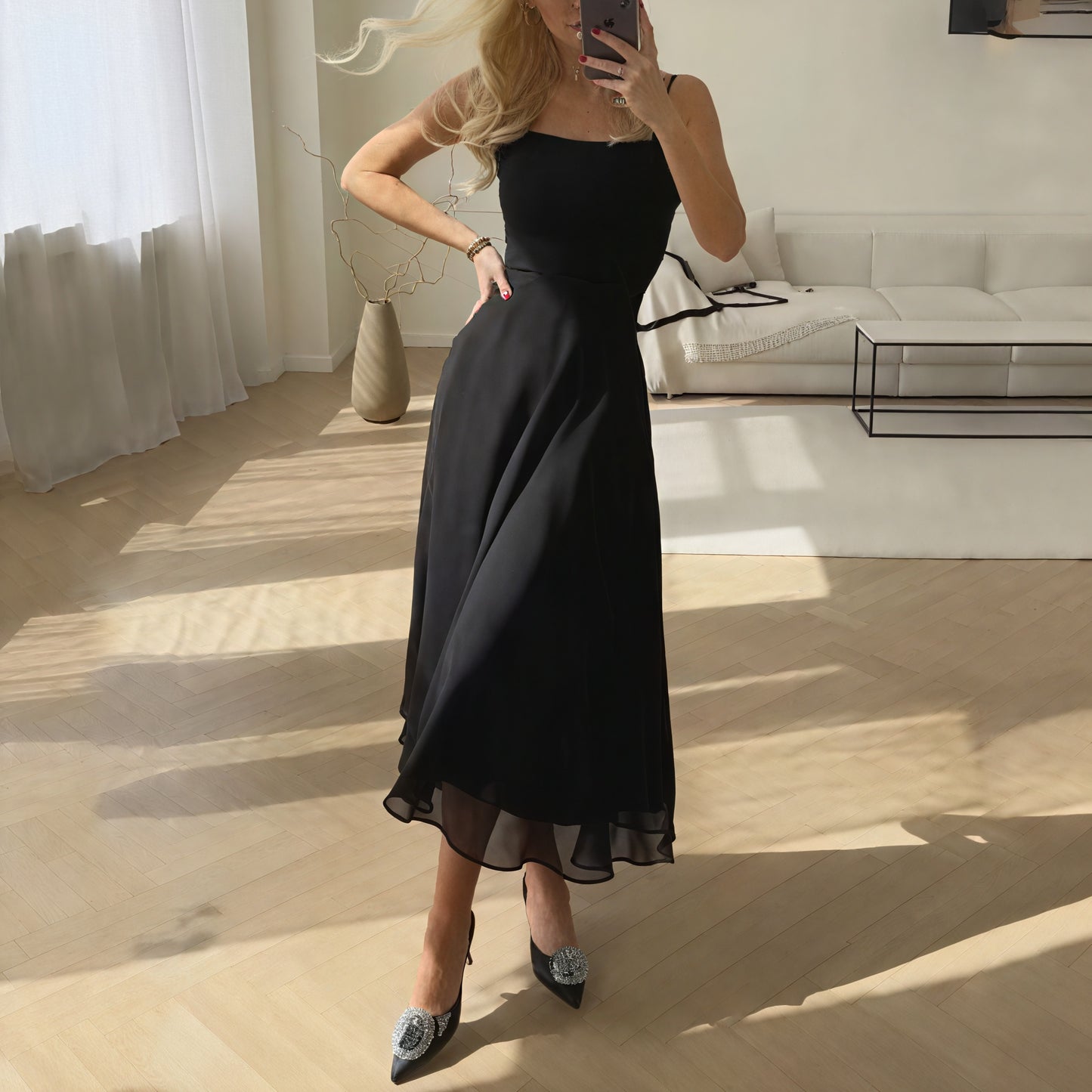 Women's Midi Dress – Square Neckline, A-Line, Sleeveless, Elegant Black/White/Blue-83171-8aefe5e4-1f96-40e1-a6a0-5ccb62fa3e10