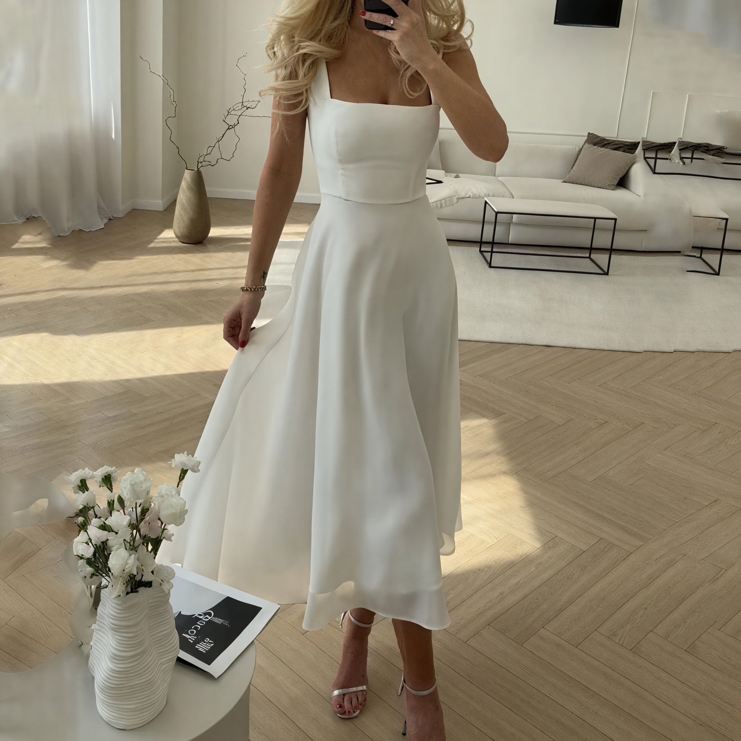 Women's Midi Dress – Square Neckline, A-Line, Sleeveless, Elegant Black/White/Blue-83171-4597e597-e7d5-4fc4-9e01-8e52d74457f3