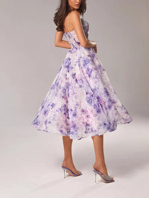 Women's Midi Dress – Floral Print, A-Line, Spaghetti Strap, Silk Blend-83172-7b69f3f0-db5c-4de5-a6b0-334baaab295c