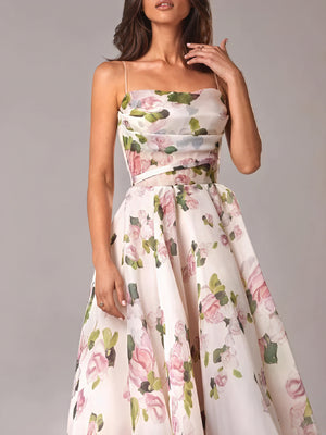 Women's Midi Dress – Floral Print, A-Line, Spaghetti Strap, Silk Blend-83172-3cf5ad2b-85ab-490f-aab6-de387d0099ee
