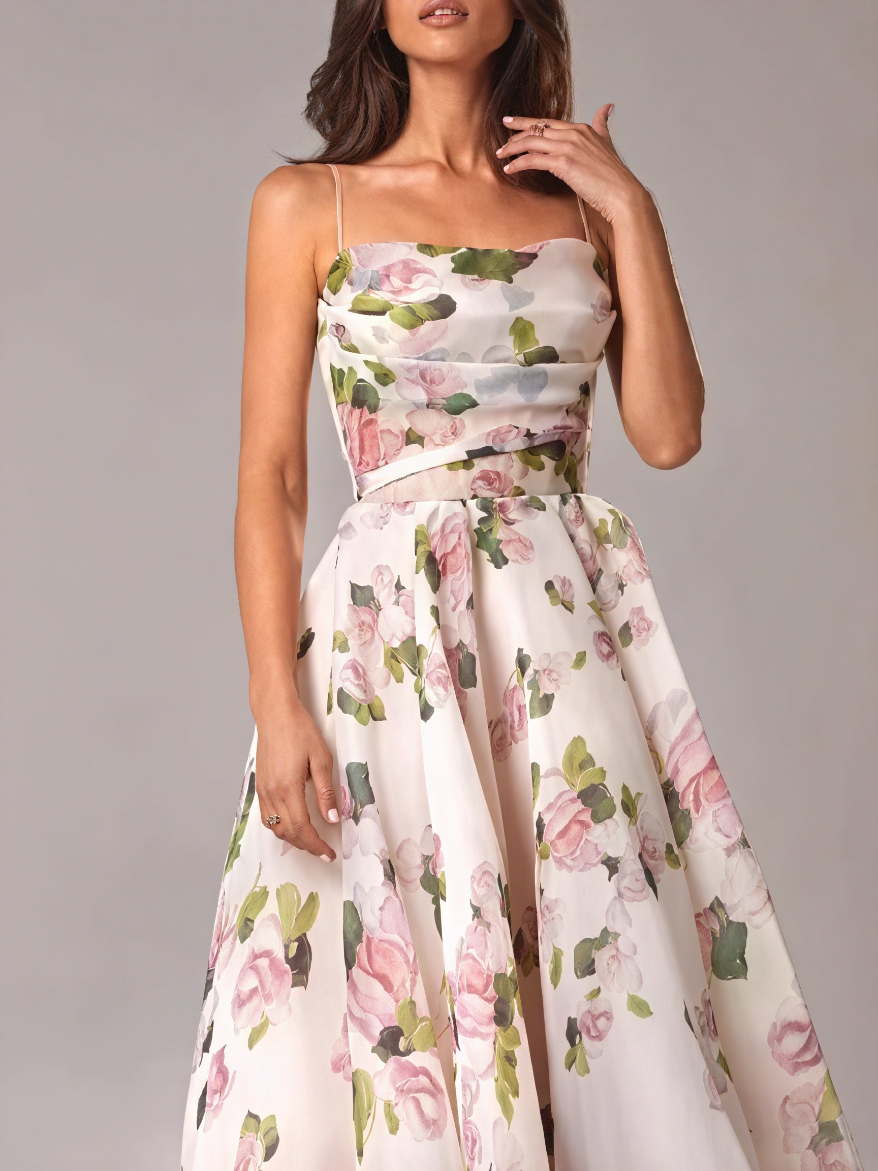 Women's Midi Dress – Floral Print, A-Line, Spaghetti Strap, Silk Blend-83172-3cf5ad2b-85ab-490f-aab6-de387d0099ee