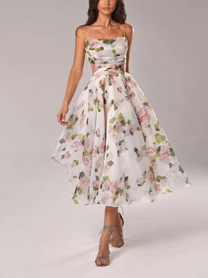 Women's Midi Dress – Floral Print, A-Line, Spaghetti Strap, Silk Blend-83172-e858f1b5-95fc-4994-9e78-b32d59a44b25